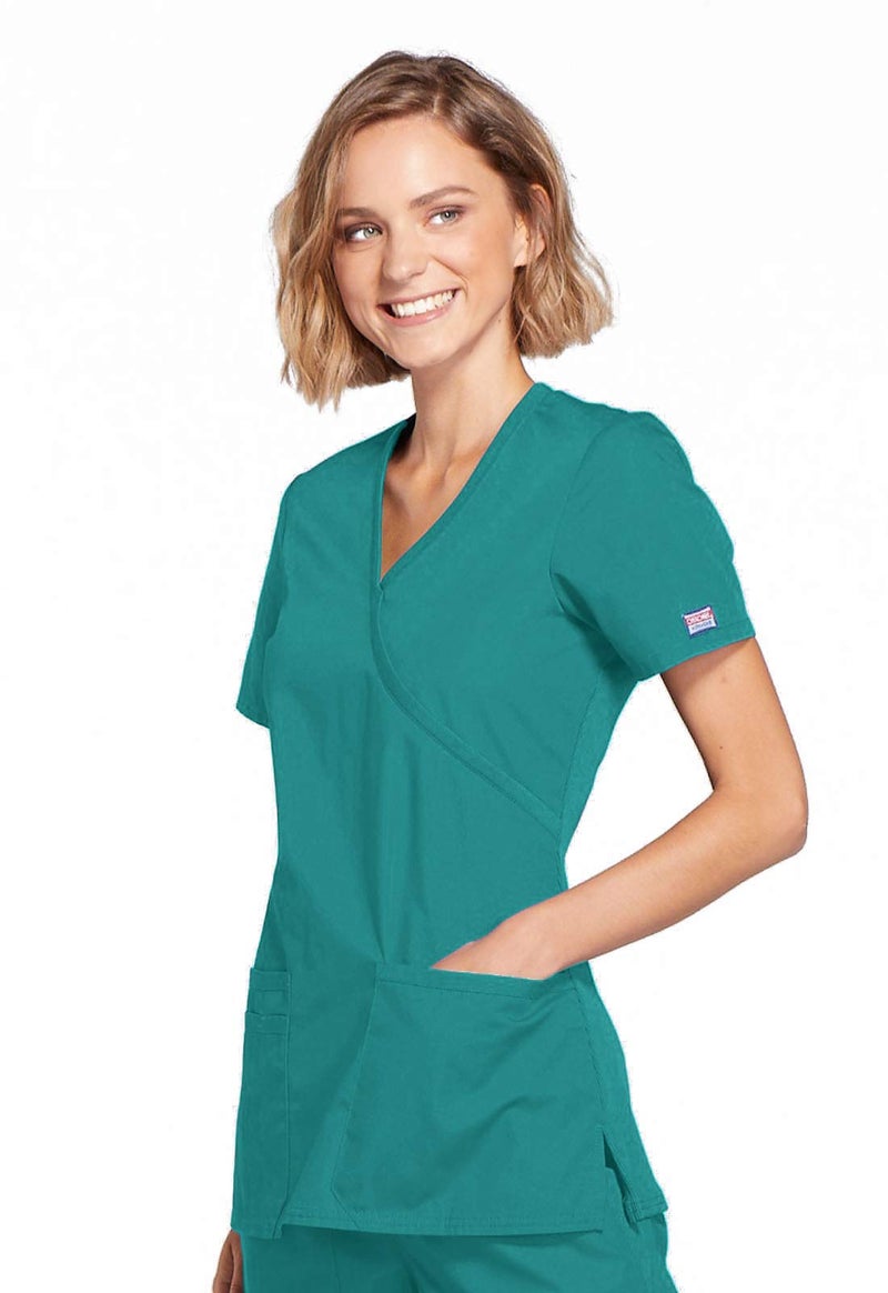 Cherokee Women's Workwear Core Stretch Mock Wrap Scrubs Shirt, Teal Blue, Small - Image 3